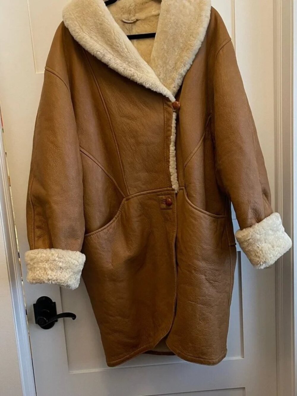Andrew Marc Genuine Shearling Sheepskin Coat Camel Oversized Shawl Collar